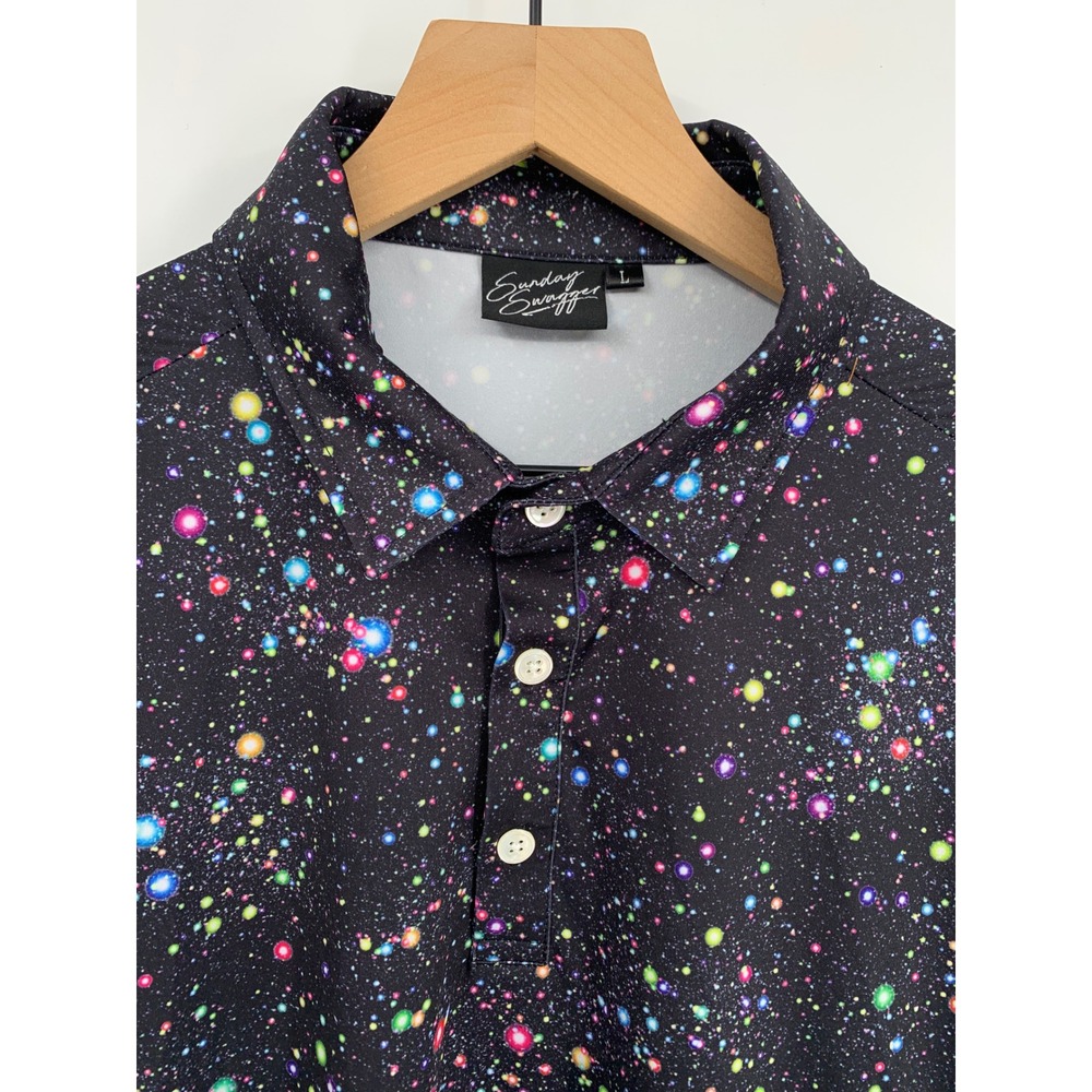 Sunday Swagger Polo Mens Large Black Galaxy Space Star Print Golf Performance